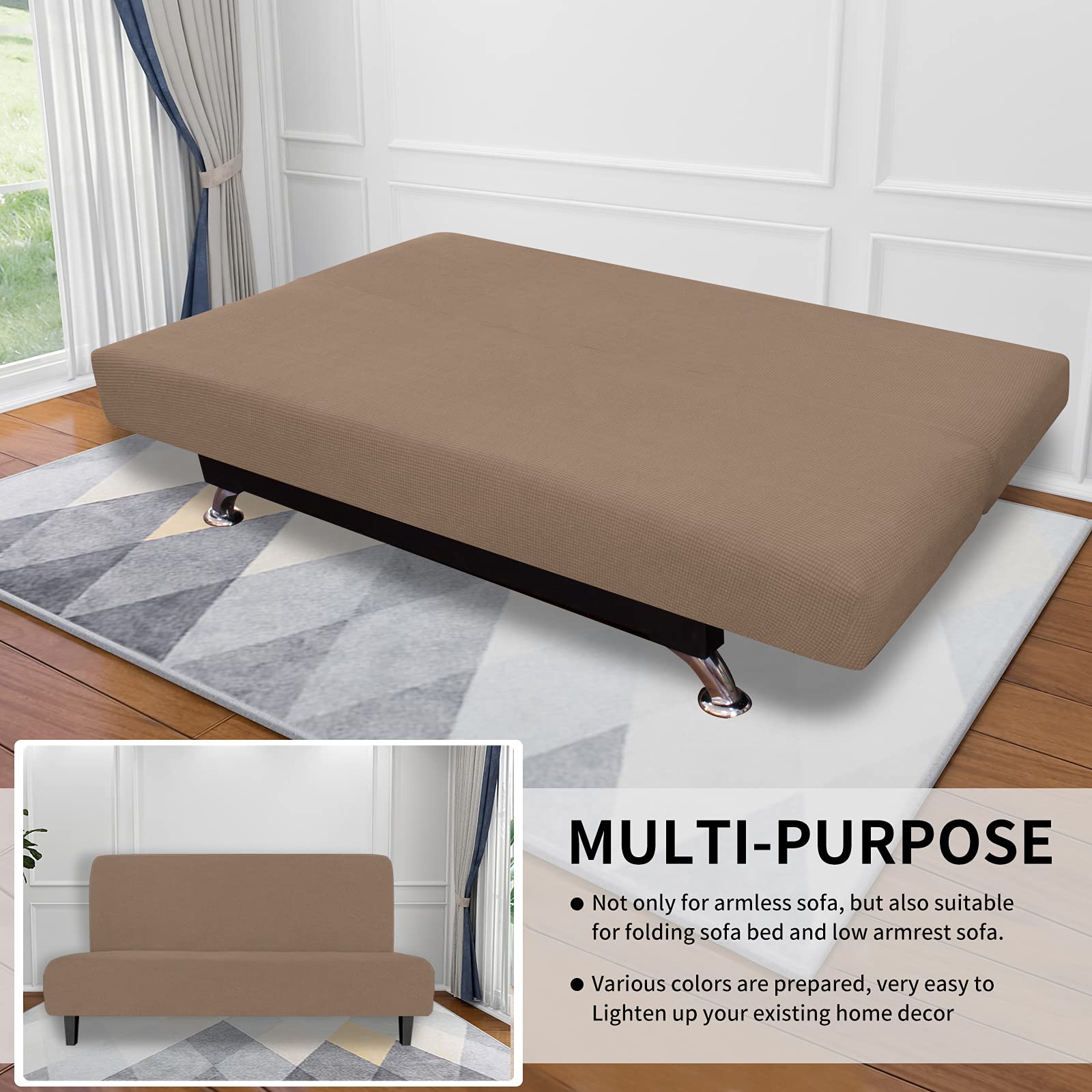 Easy-Going Stretch Futon Slipcover Armless Sofa Cover Furniture Protector Without Armrests Slipcover Soft With Elastic Bottom For Kids, Spandex Jacquard Fabric Small Checks(Futon,Camel)
