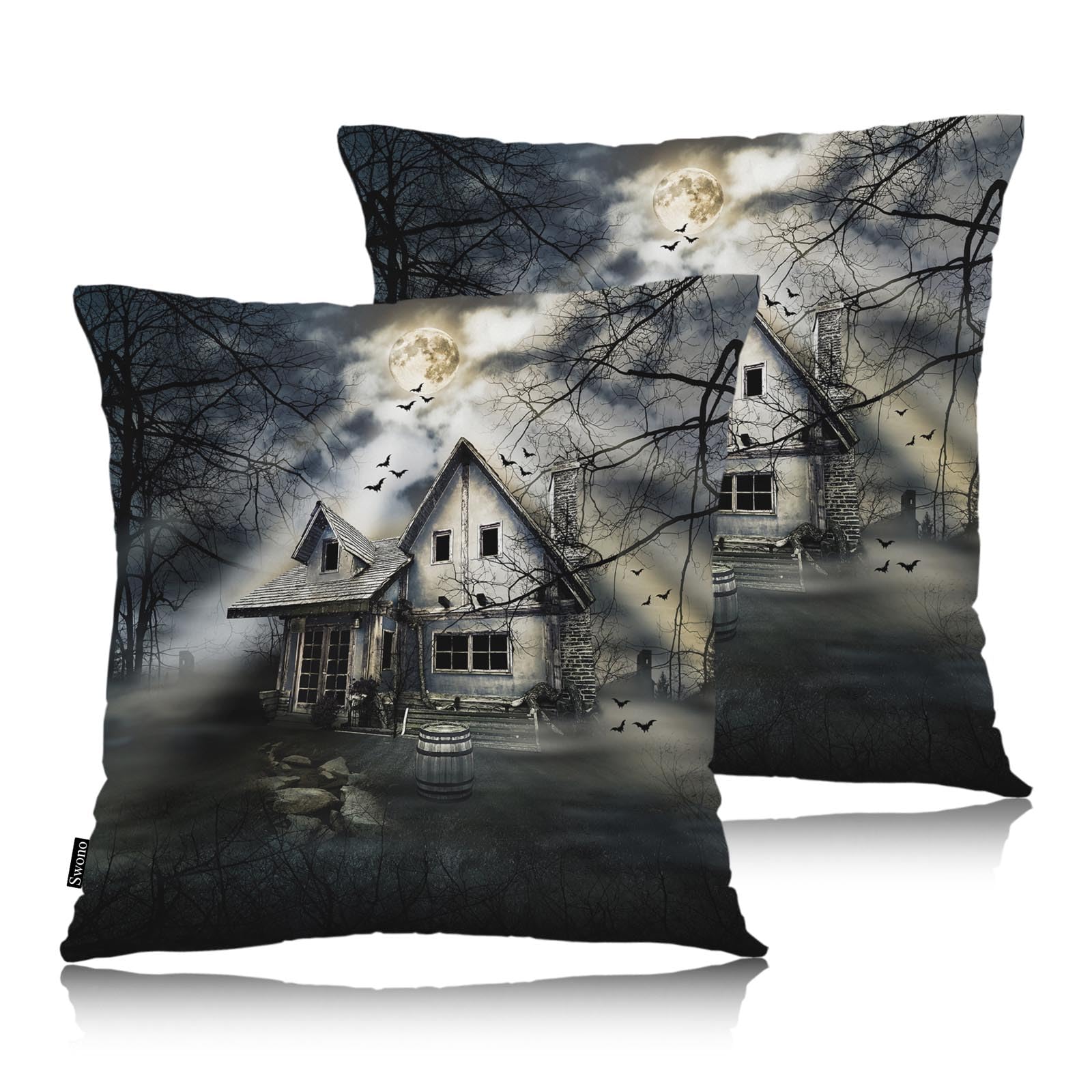 Swono Haunted House Home Decorative Throw Pillows Covers, Scary Halloween Haunted Castle Forest Set Of 2 Outdoor Pillow Case For