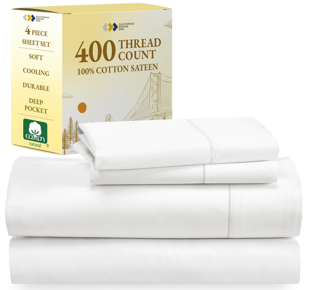 California Design Den Natural 100% Cotton Sheets For Queen Size Bed, Luxury 400 Thread Count Queen Sheet Set, Deep Pocket Coolin