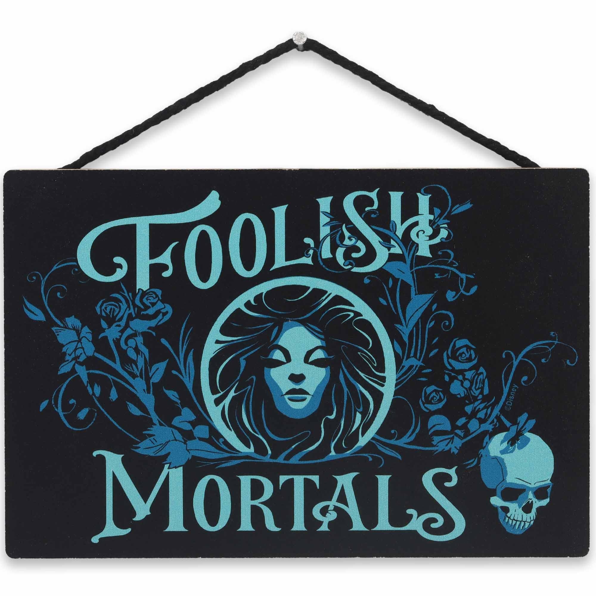Open Road Brands Disney Haunted Mansion Foolish Mortals Hanging Wood Wall Decor - Spooky Foolish Mortals Sign for Halloween Deco