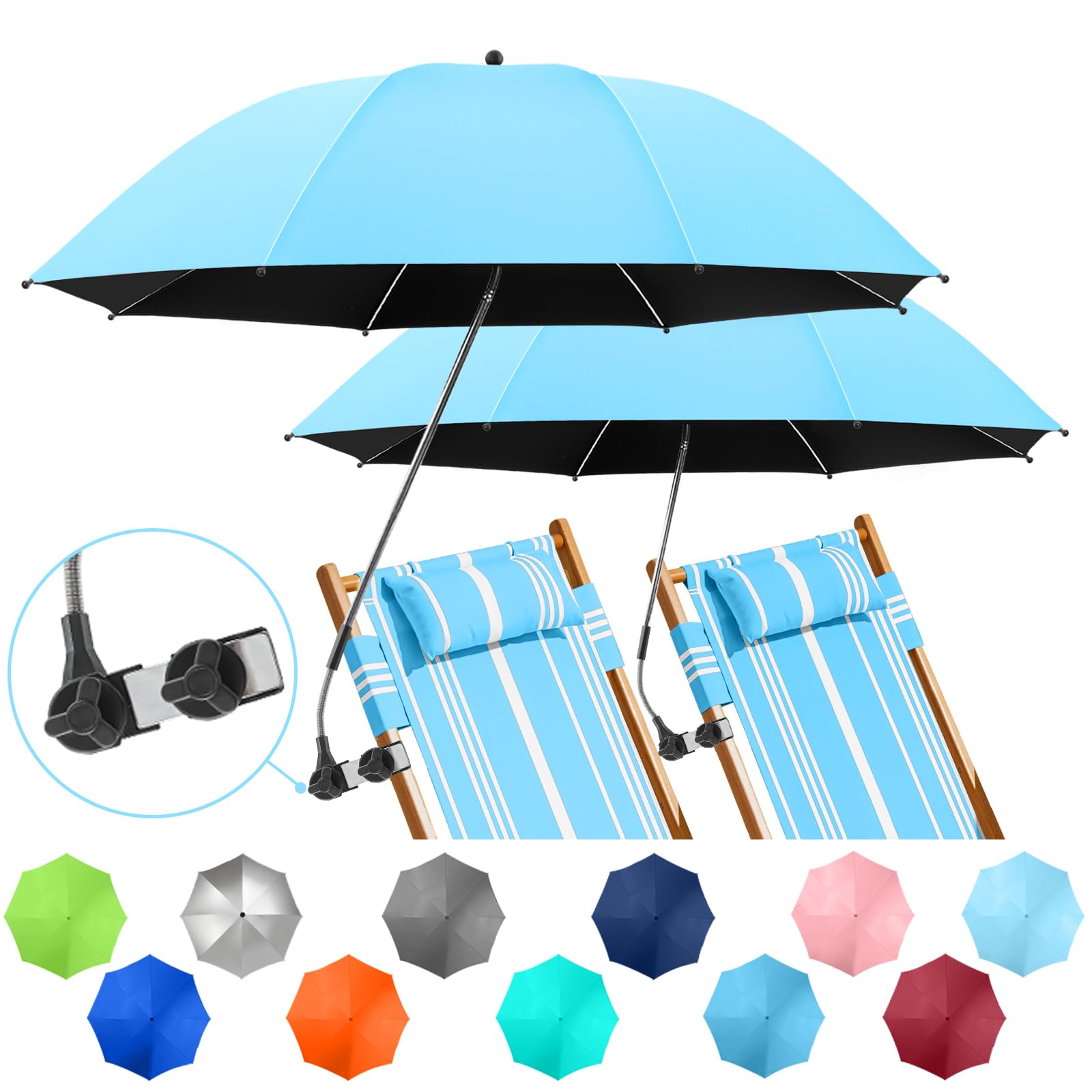 Nbtous 2 Pcs 41.8' Chair Umbrella With Clamp, Beach Umbrella Upf50+ Uv Protection, 360  Adjustable Umbrella For Beach Chair, Go