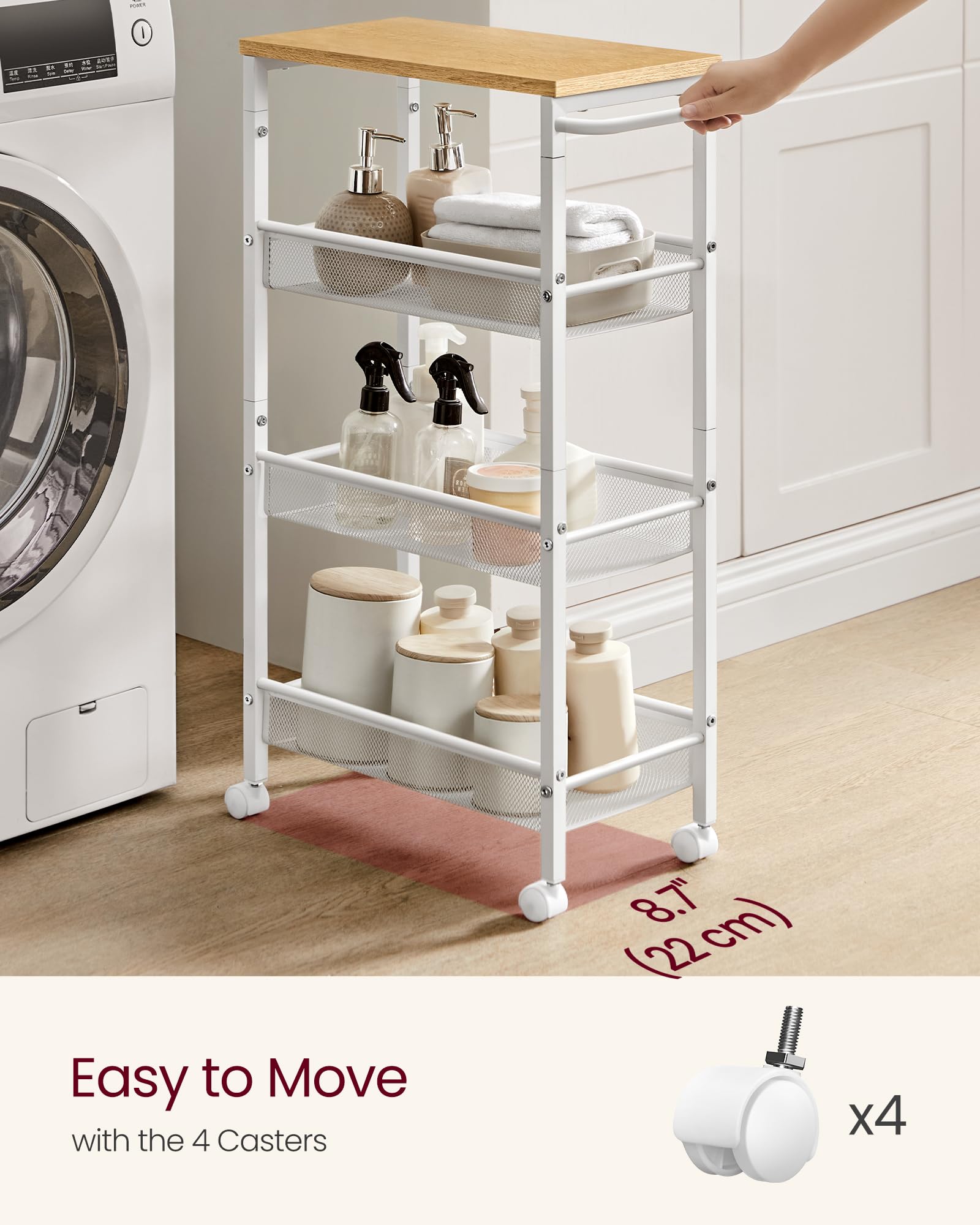 Vasagle Slim Rolling Cart, 4-Tier Storage Cart, Narrow Cart With Handle, 8.7 Inches Deep, Metal Frame, For Kitchen, Dining Room, Living Room, Home Office, Oak Beige And Classic White Ulrc033W09
