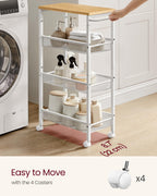 Vasagle Slim Rolling Cart, 4-Tier Storage Cart, Narrow Cart With Handle, 8.7 Inches Deep, Metal Frame, For Kitchen, Dining Room, Living Room, Home Office, Oak Beige And Classic White Ulrc033W09
