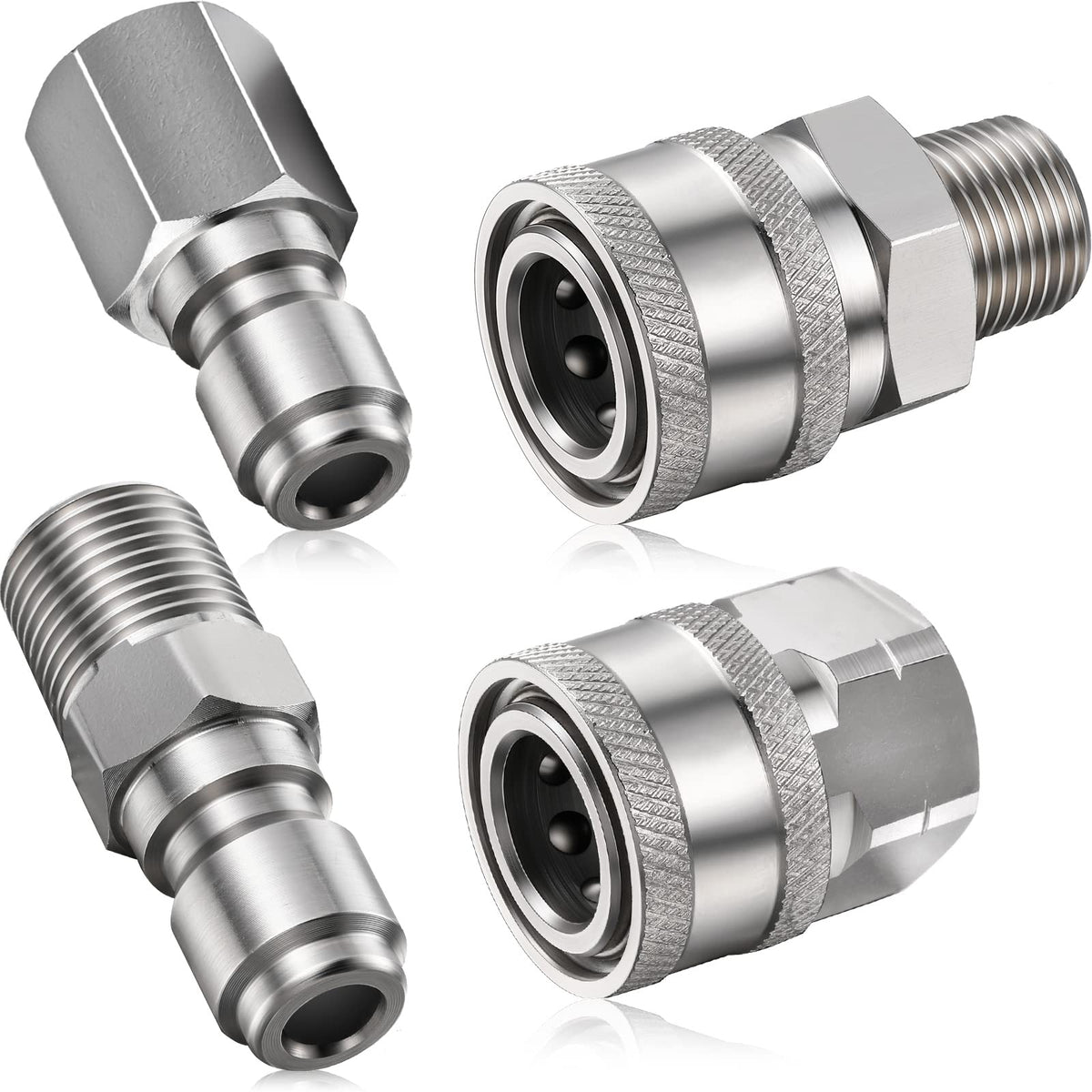 Hotop 2 Sets Npt 3/8 Inch Stainless Steel Male And Female Quick Connector Kit Pressure Washer Adapters(Internal Thread, External