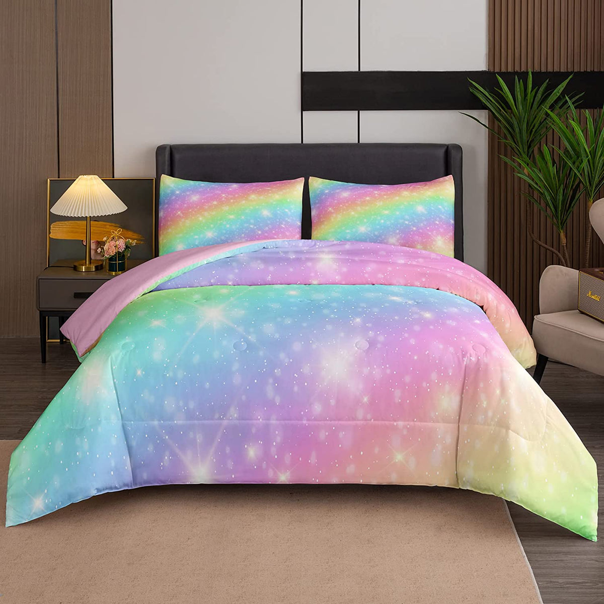Ninenine Rainbow Bedding Girls Full Size Comforter Sets 5Pcs Girls Pink Bedding Set Teen Girl Comforter Set(1Comforter, 1Flat Sh