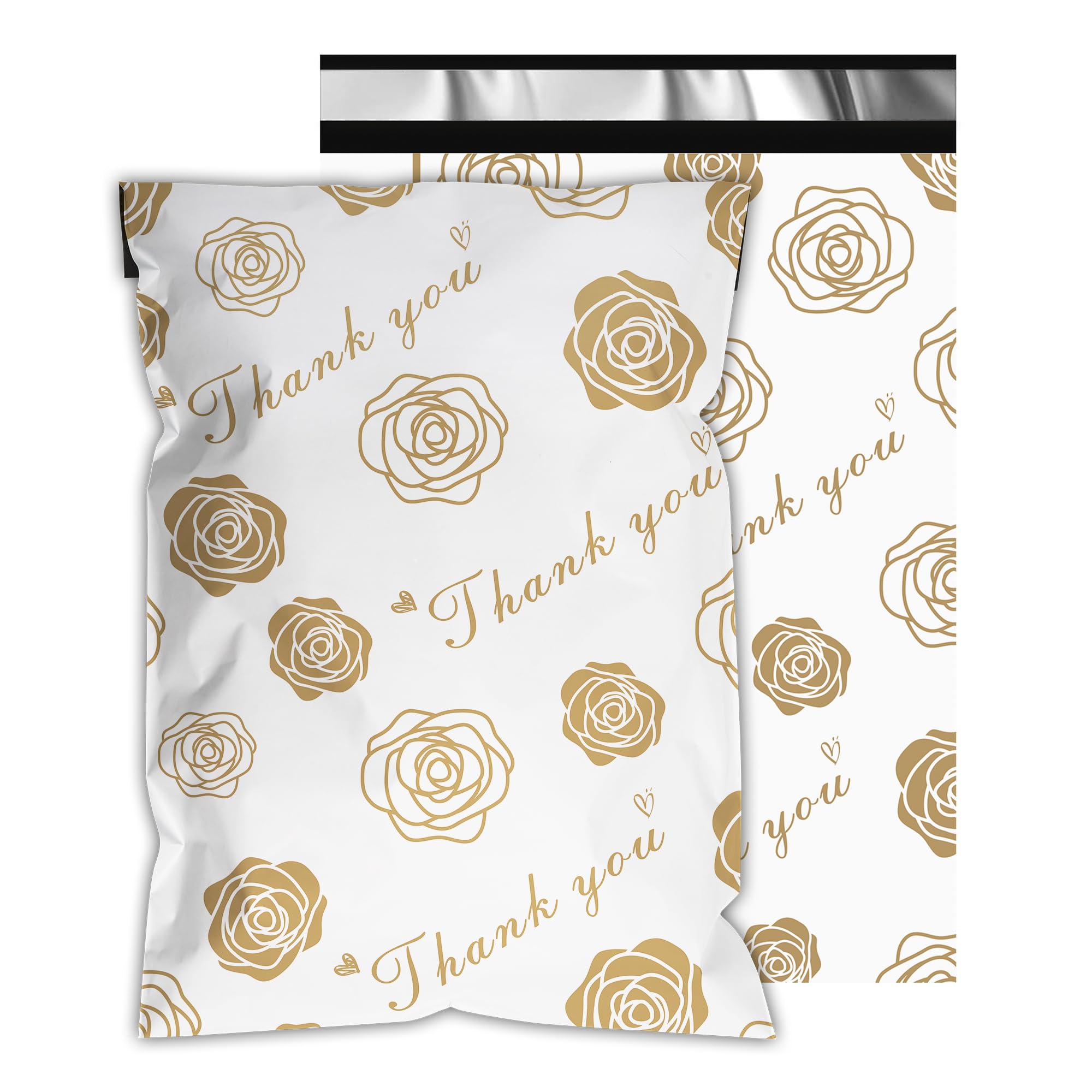 Thank You Poly Mailers 10X13 Inch 25 Pcs - Gold Rose Printed Shipping Bags For Clothing - Waterproof And Tear Resistant Mailing