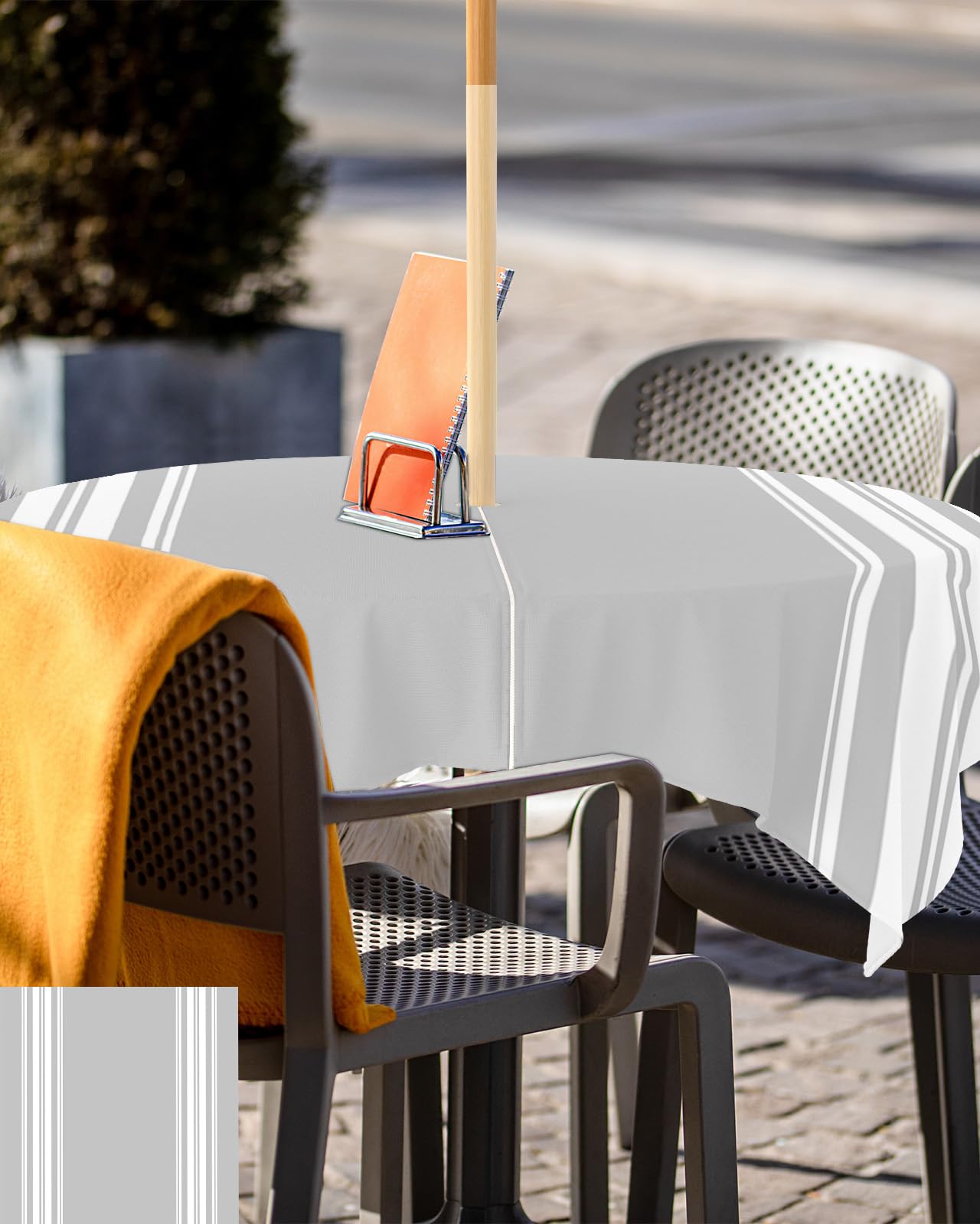 Queenker Outdoor Tablecloth With Umbrella Hole, Farmhouse Gray White Stripe Square Tables Waterproof Tabletop Collection For Pat