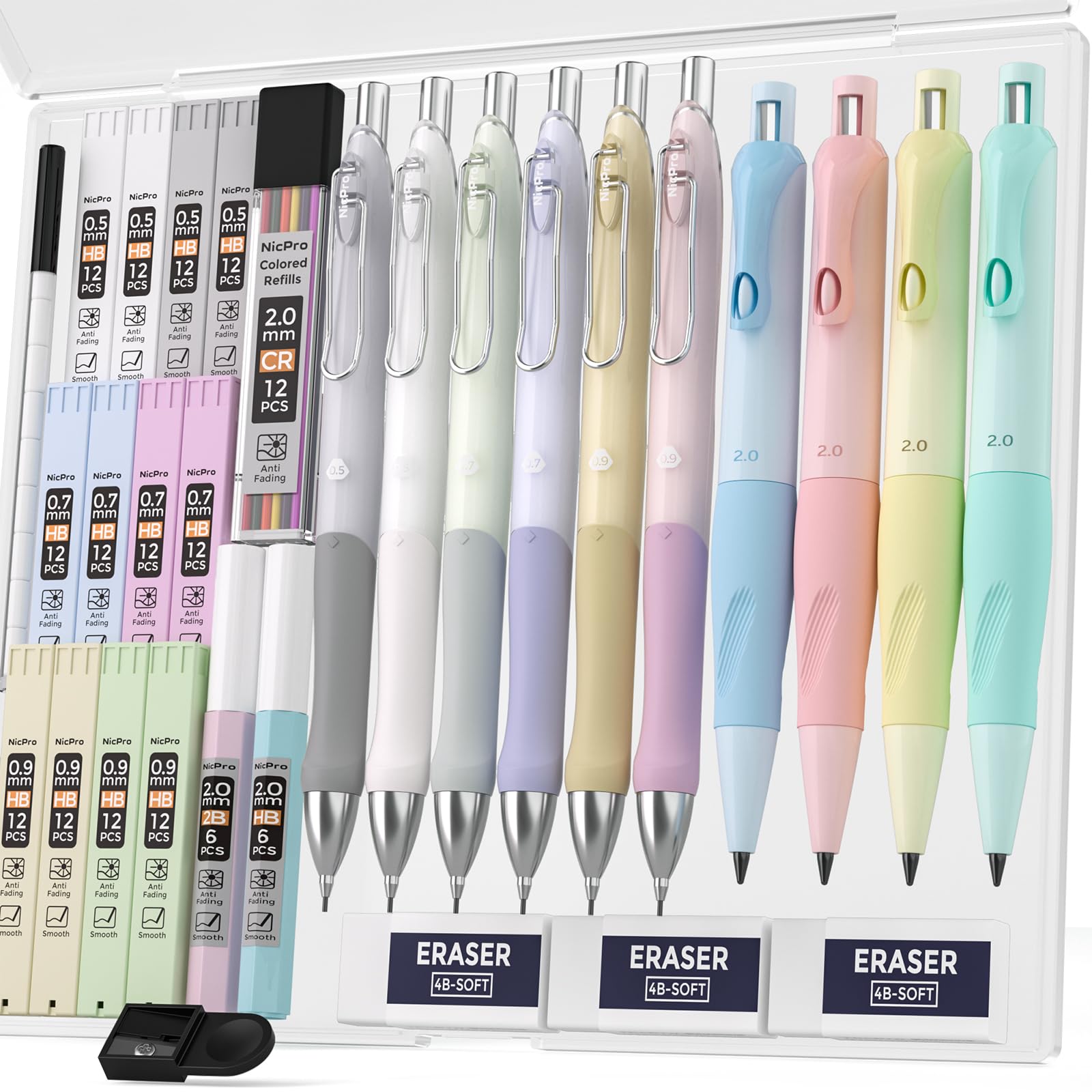 Nicpro 31Pcs Pastel Mechanical Pencil Set In Case, Cute Mechanical Pencils 0.5, 0.7, 0.9 Mm & 2.0 Mm With 15 Tube (Hb 2B Colors)