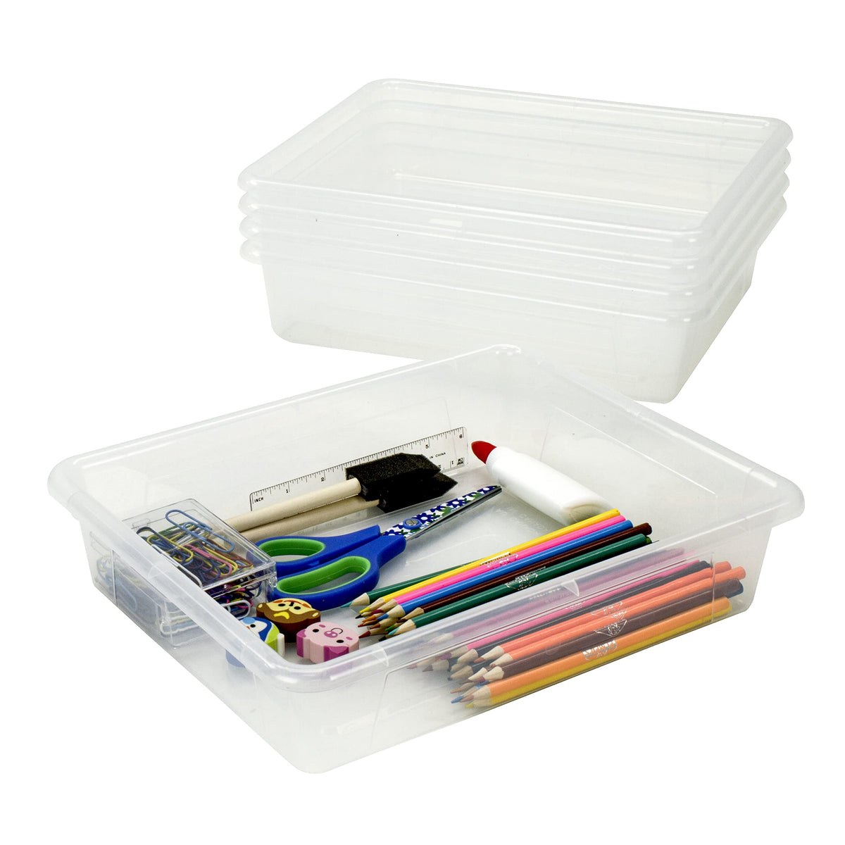 Storex Letter Size Flat Storage Tray - Organizer Bin For Classroom, Office And Home, Clear, 5-Pack (62531U05C)
