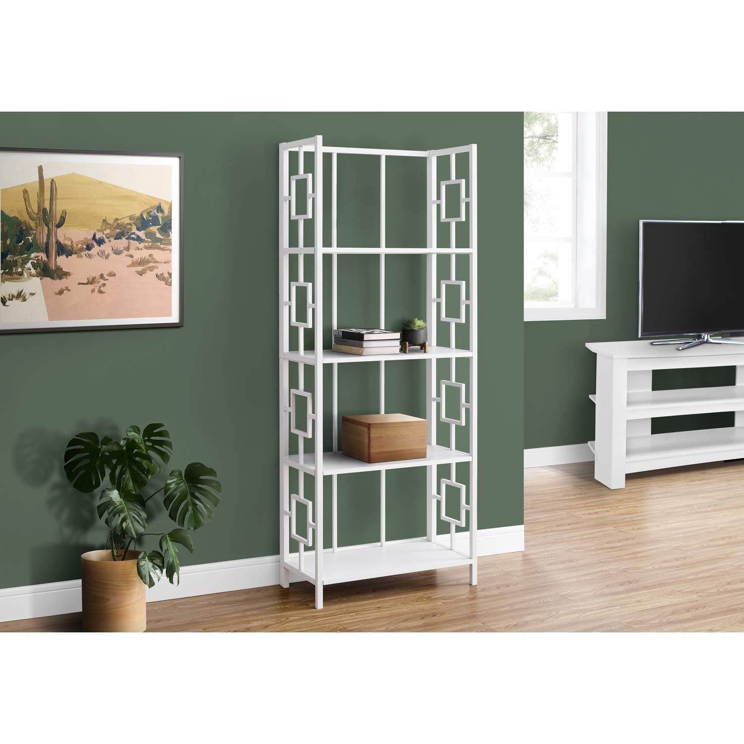 Monarch Specialties I 3613 Bookshelf, Bookcase, Etagere, Corner, 4 Tier, 62' H, Office, Bedroom, Metal, Laminate, White, Contemporary, Modern