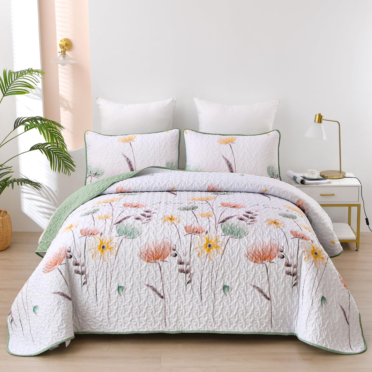 Floral Quilt Set Queen Size,Sage Green Bedspread Botanical 3 Pieces Quilts Microfiber Lightweight Bedspreads White Soft Reversib