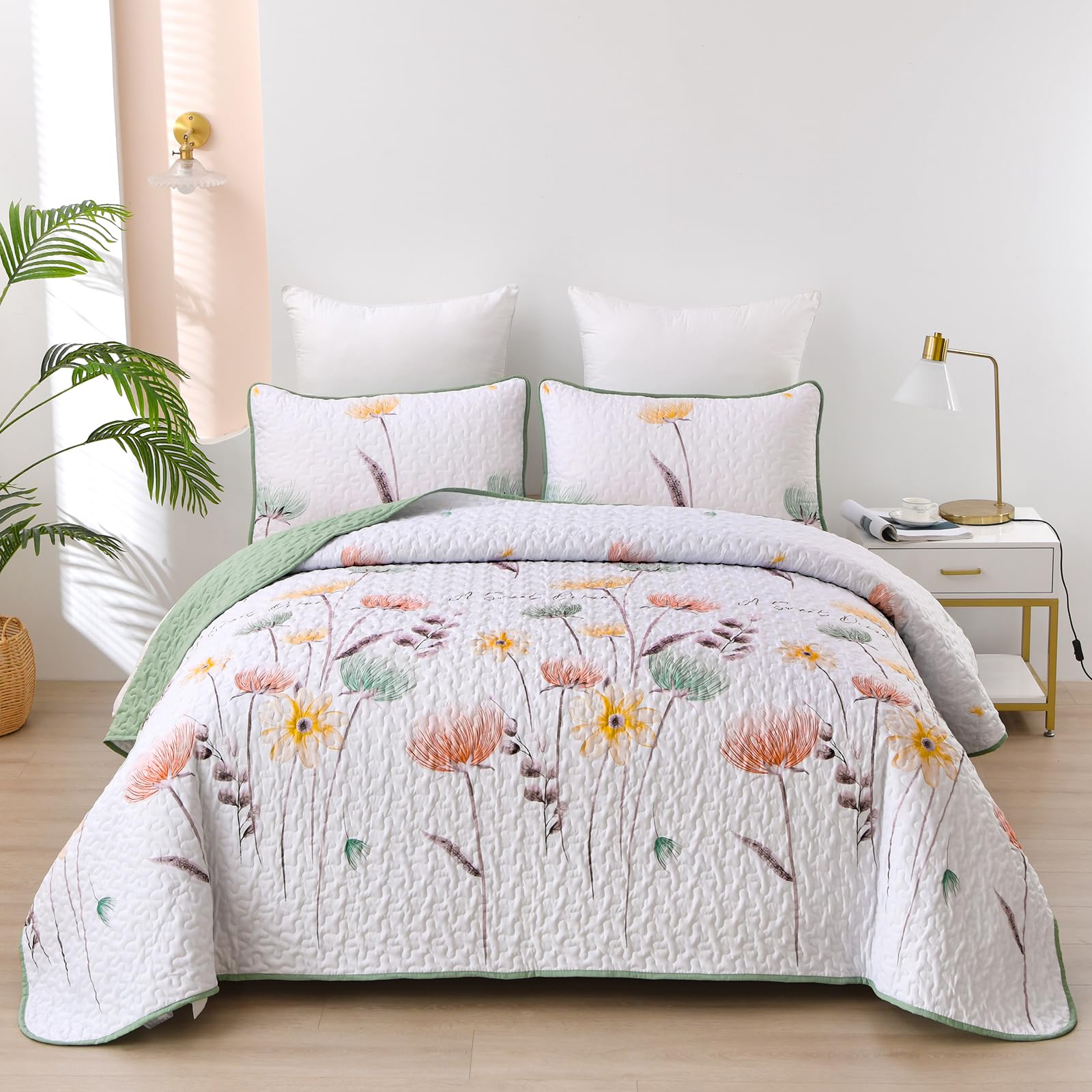 Floral Quilt Set Queen Size,Sage Green Bedspread Botanical 3 Pieces Quilts Microfiber Lightweight Bedspreads White Soft Reversib