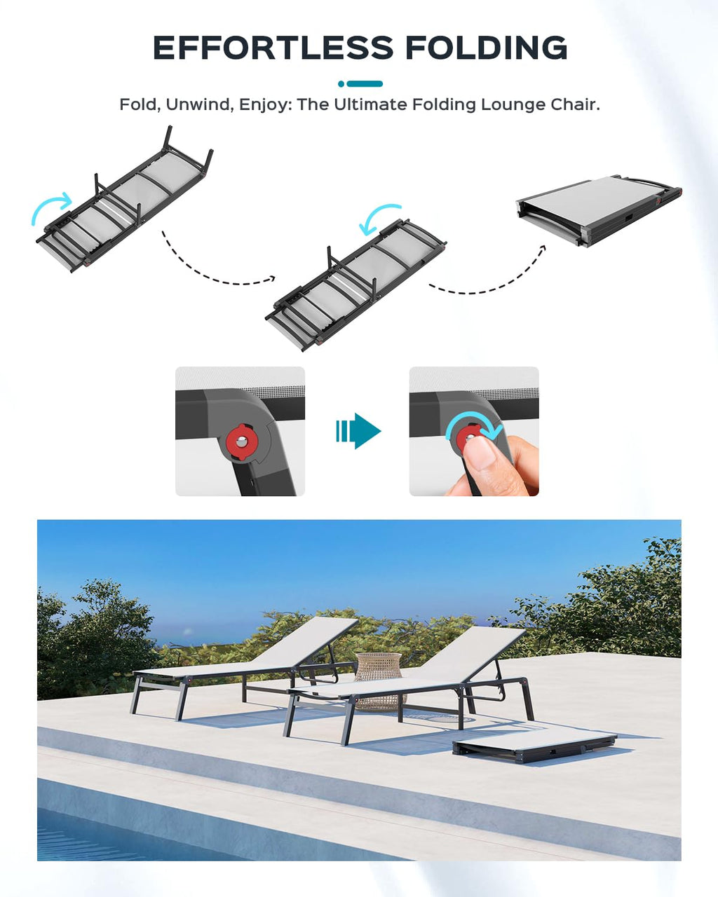 Aluminum Chaise Lounge Ourdoor - Foldable & Assemble Free Outdoor Lounge Chair With 5 Adjustable Backrest, Patio Lounge Chair For Outside Poolside Beach Pool, White