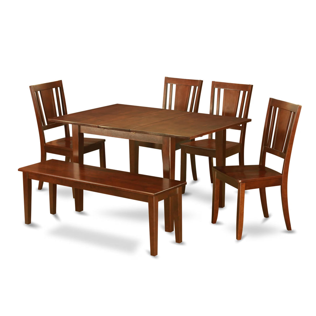East West Furniture MLDU6D-MAH-W 6 Piece Kitchen Table & Chairs Set Contains a Rectangle Dining Room Table with Butterfly Leaf and 4 Dining Chairs with a Bench, 36x54 Inch, Mahogany