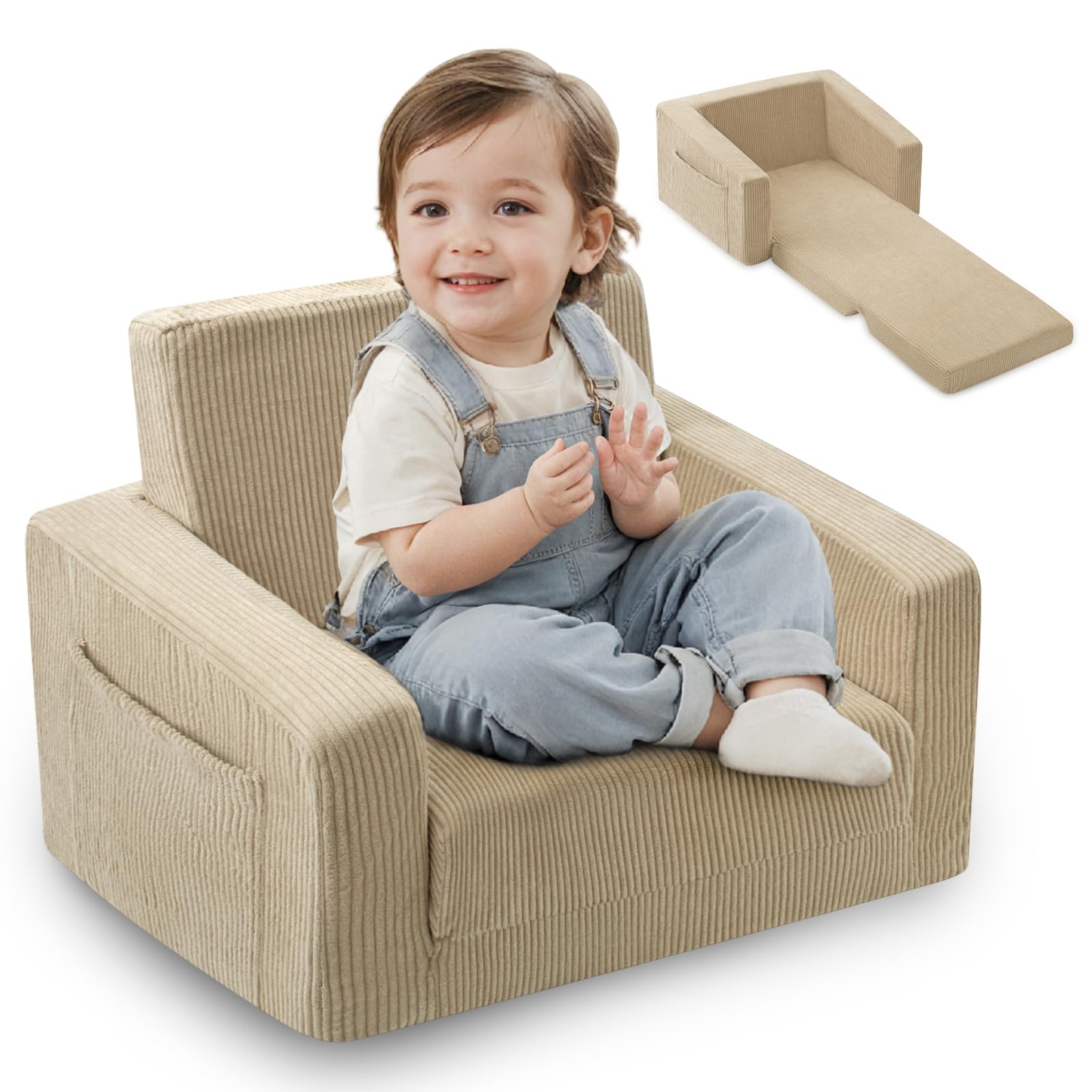 Toddle & Kids Chair,2-in-1 Soft Toddler Couches That Fold Out,Toddler Chairs Comfy 1-3 Years Old,Convertible Sofa to Lounge,Grey