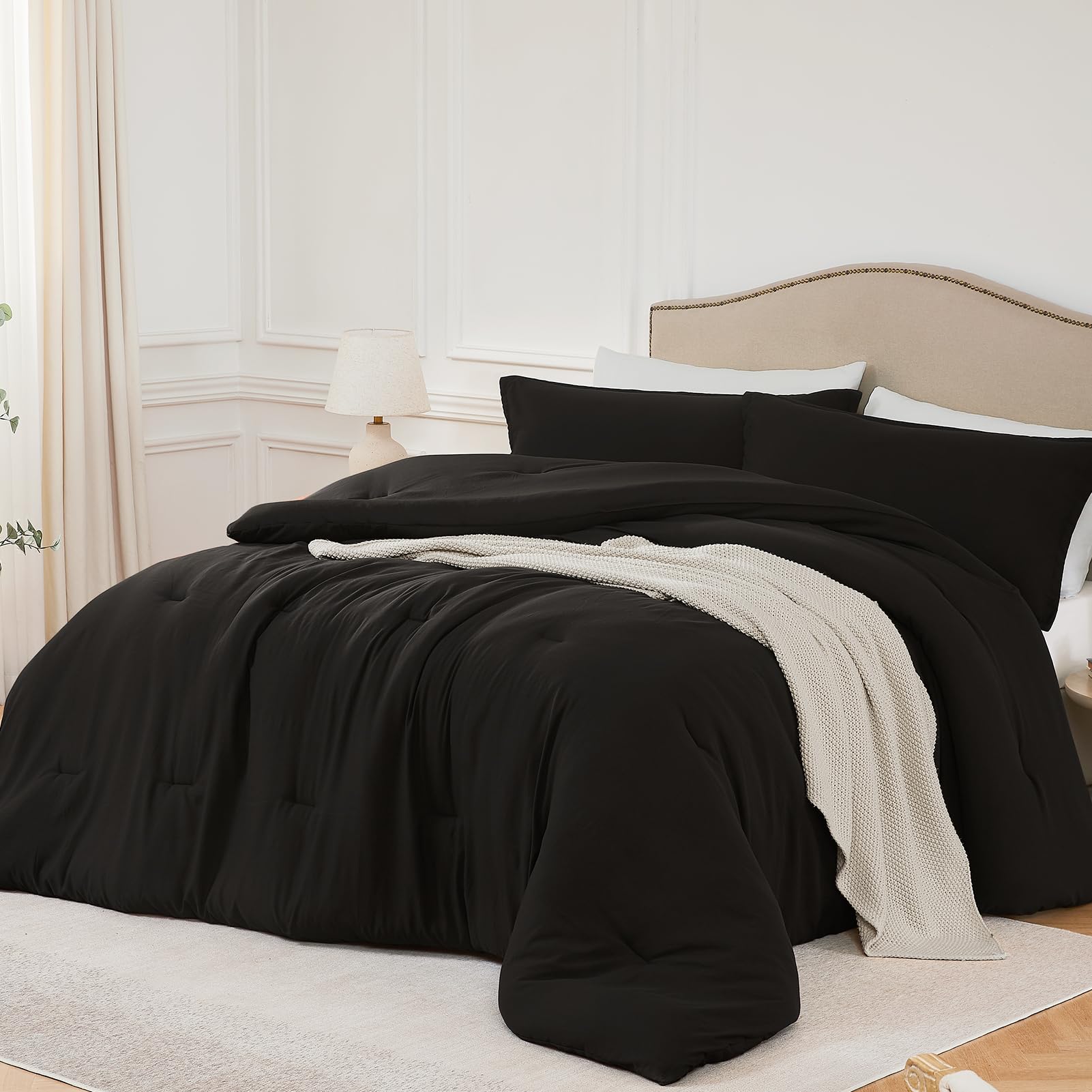 Quataly Oversized Queen Comforter Sets Black,3Pcs Soft Lightweight Breathable Bedding Comforter Sets For All Season, Queen Xl(98