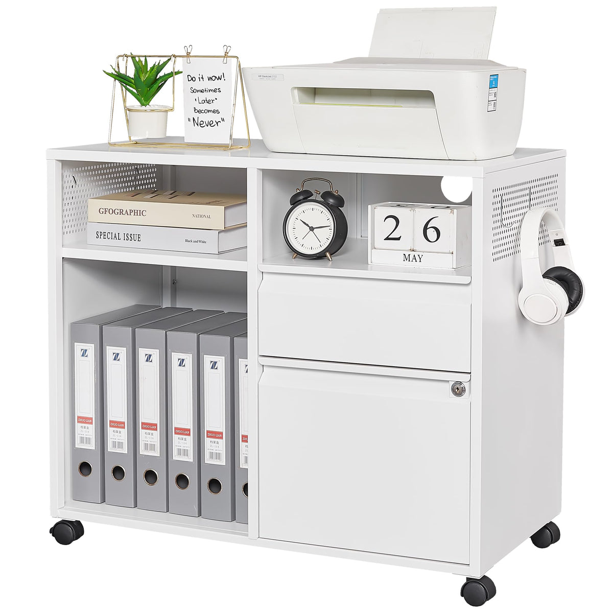 Letaya Mobile File Cabinet, Metal Lateral Rolling Printer Stand Filing Cabinets With Shelves For Home Office-Storage A4/F4/Letter (White)