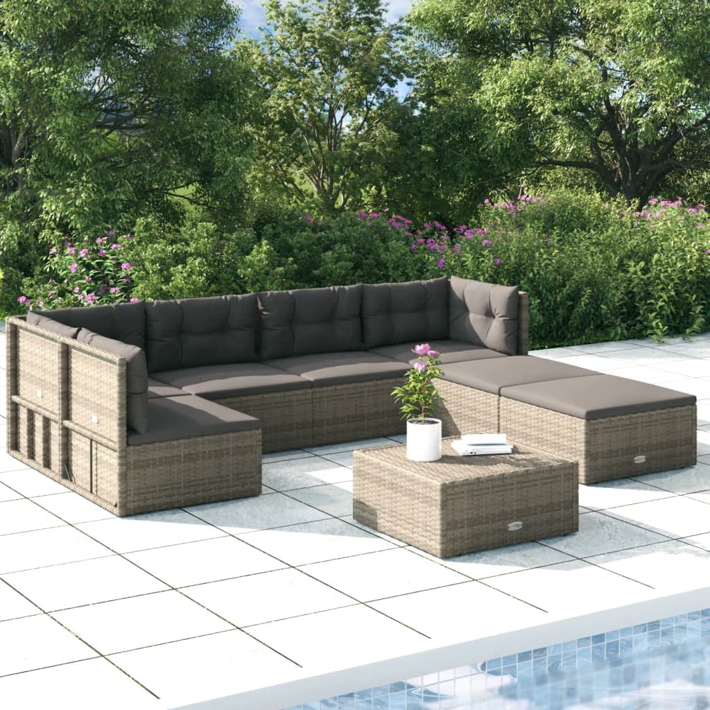 vidaXL 7-Piece Patio Lounge Set - Weather-Resistant Gray Poly Rattan, Comfortable Thick Cushions, Adjustable Corner Sofa, Versatile Modular Design, Steel Powder-Coated Frame