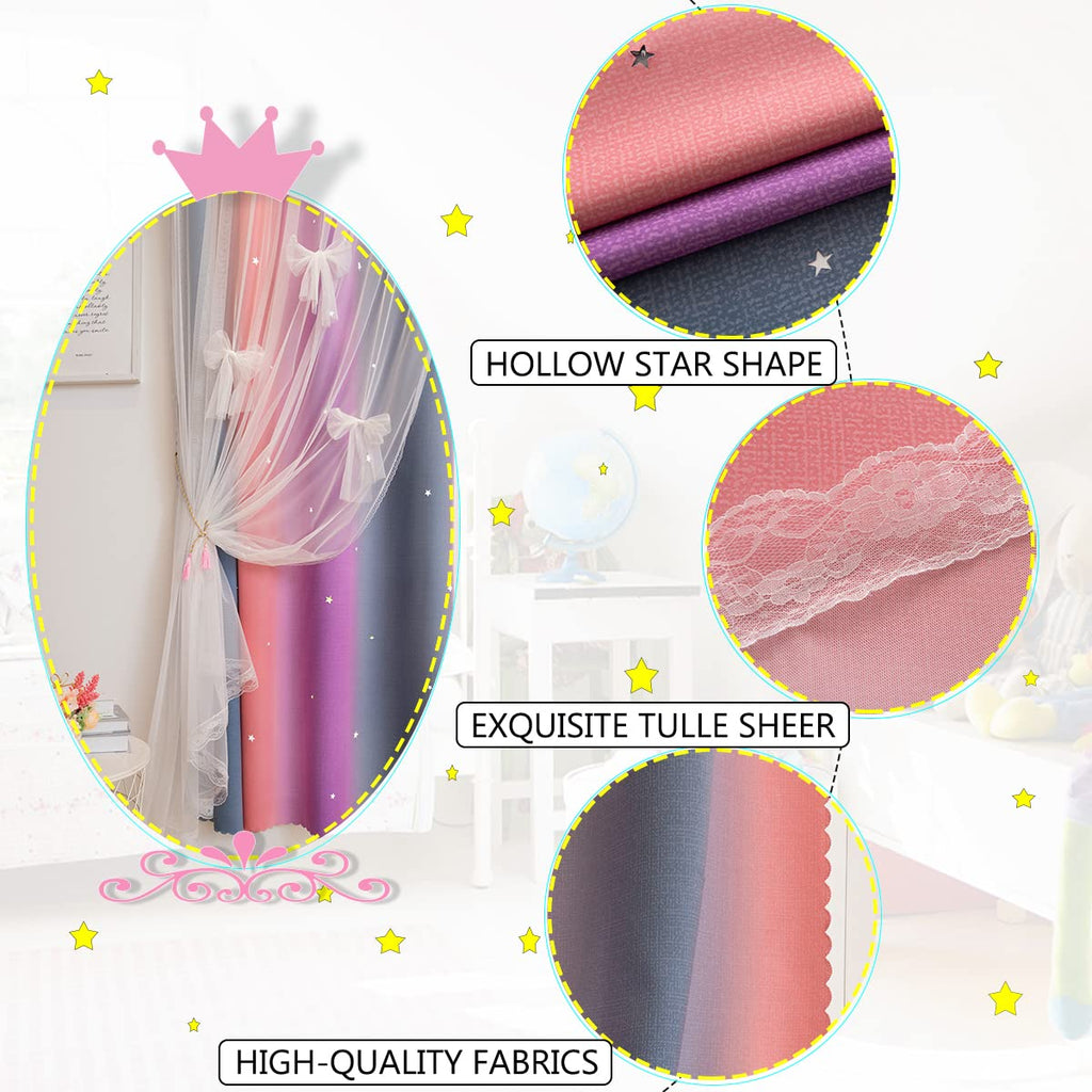 Yancorp Curtains For Girls Bedroom Kids Curtain Hollow-Out Star Window Nursery Curtain 63 Inches Length Room Darkening Grommet 2 Layers (Purple Pink Grey, W34 X L63)