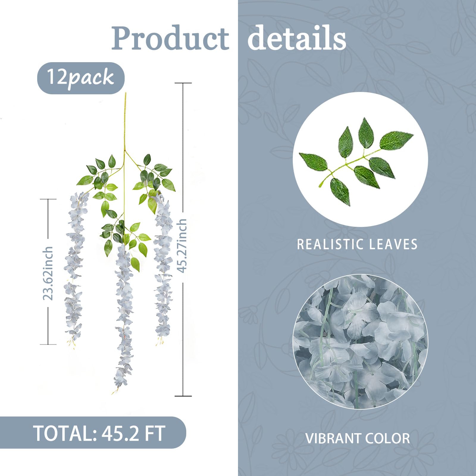 Luerbi 12 Pack Grey Wisteria Hanging Flowers Garland, 3.77 Feet Grey Artificial Wisteria Flower Vines, Fake Grey Wisteria, Grey