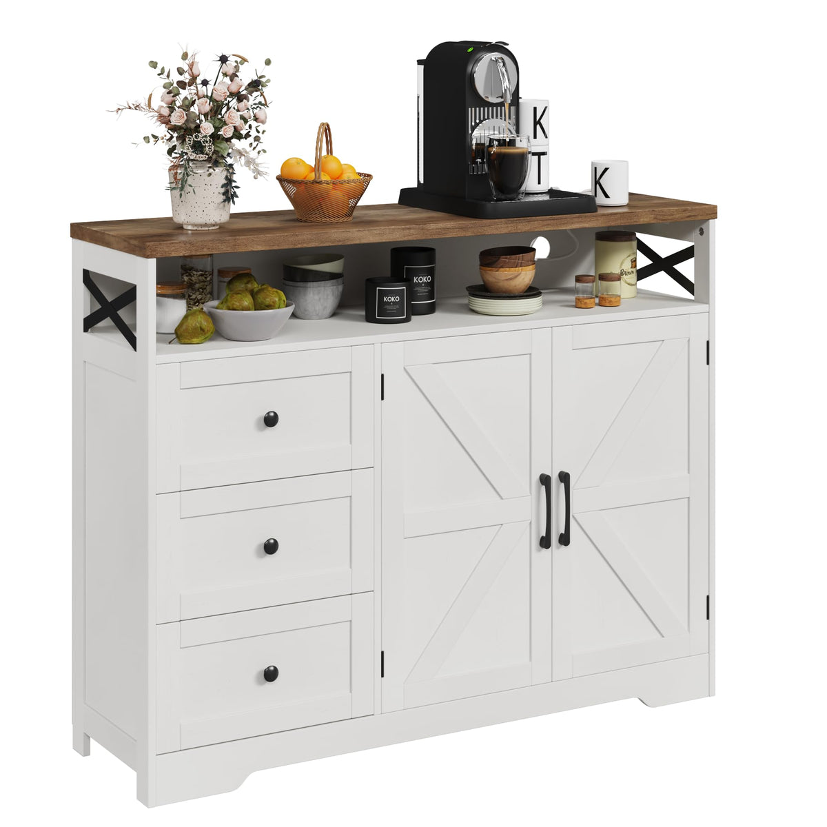 Befrases Farmhouse Buffet Cabinet With Drawers & Open Shelf, Sideboard With Storage, Kitchen Pantry Cabinet Hutch, Coffee Bar St