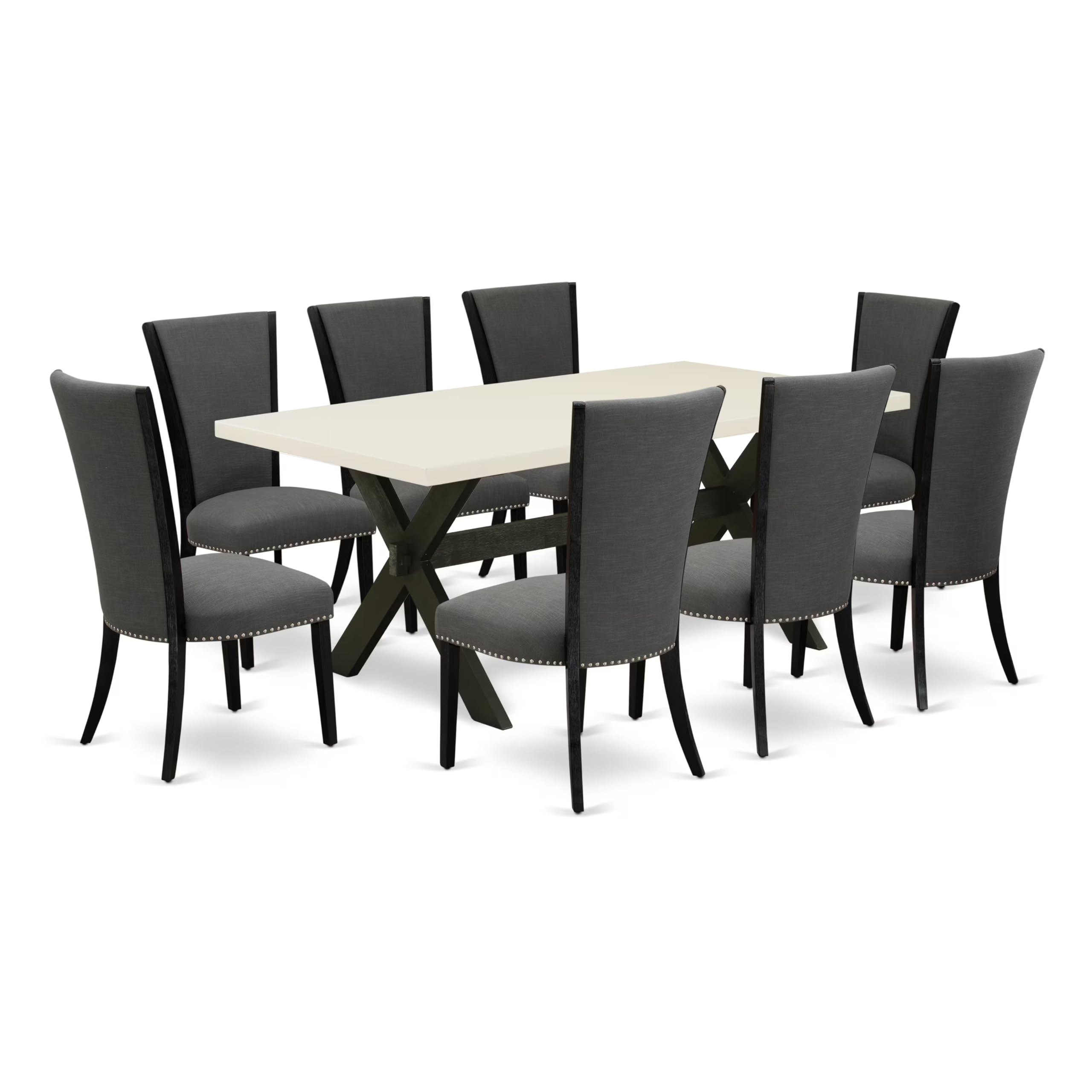 East West Furniture X627Ve650-9 9 Piece Dining Room Table Set Includes A Rectangle Dining Table With X-Legs And 8 Dark Gotham Linen Fabric Upholstered Chairs, 40X72 Inch, Multi-Color