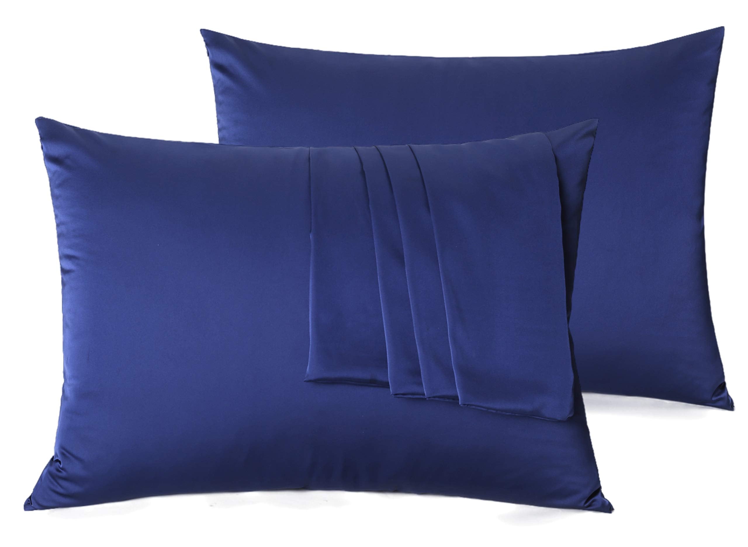 Natural Silk Pillowcase Set Of 2 For Hair &Skin - Both Sides 19 Momme 600 Thread Count With Hidden Zipper (Navy Blue, Standard)