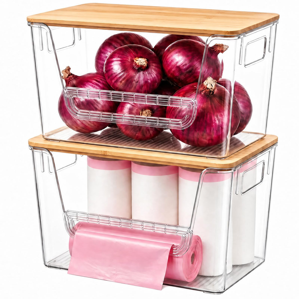 GUGEMEI 2 Pack Pantry Organizer and Storage with Bamboo Lid, Stackable Trash Bag Dispenser Under Sink Organizer for 433 Gal Bag