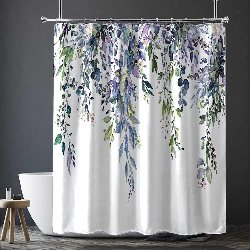 Nuseiis Long Blue Purple Shower Curtains 72 X 78, Fabric Tall Eucalyptus Leaves Shower Curtain Sets, Watercolor Floral Plant Bat