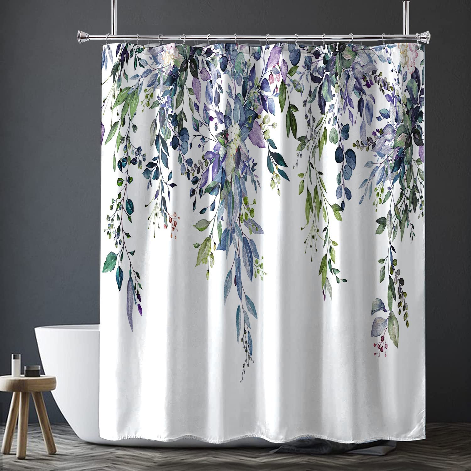 Nuseiis Long Blue Purple Shower Curtains 72 X 78, Fabric Tall Eucalyptus Leaves Shower Curtain Sets, Watercolor Floral Plant Bat