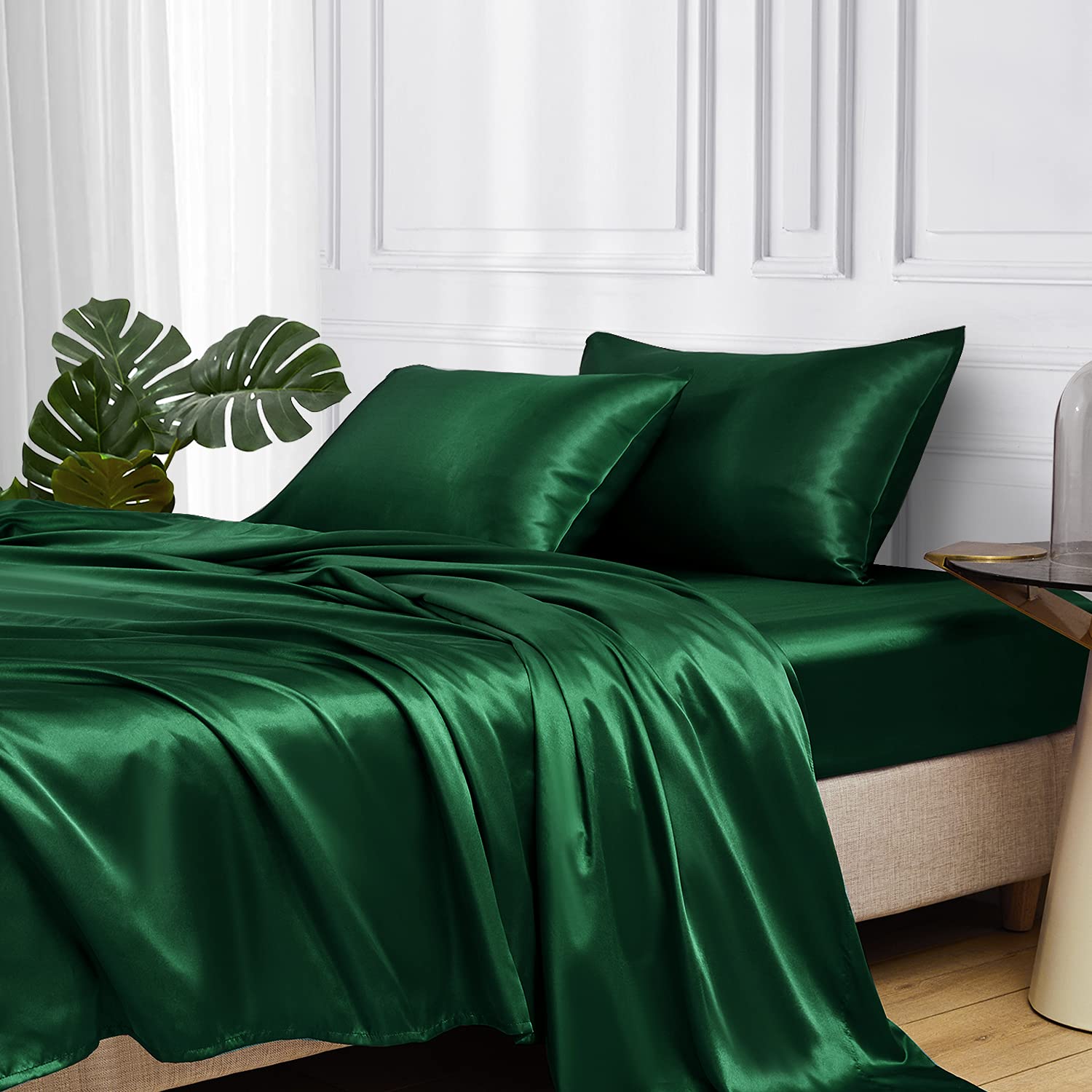 Mr&Hm Satin Bed Sheets, Twin Size Sheets Set, 3 Pcs Silky Bedding Set With 15 Inches Deep Pocket For Mattress (Twin, Dark Green)
