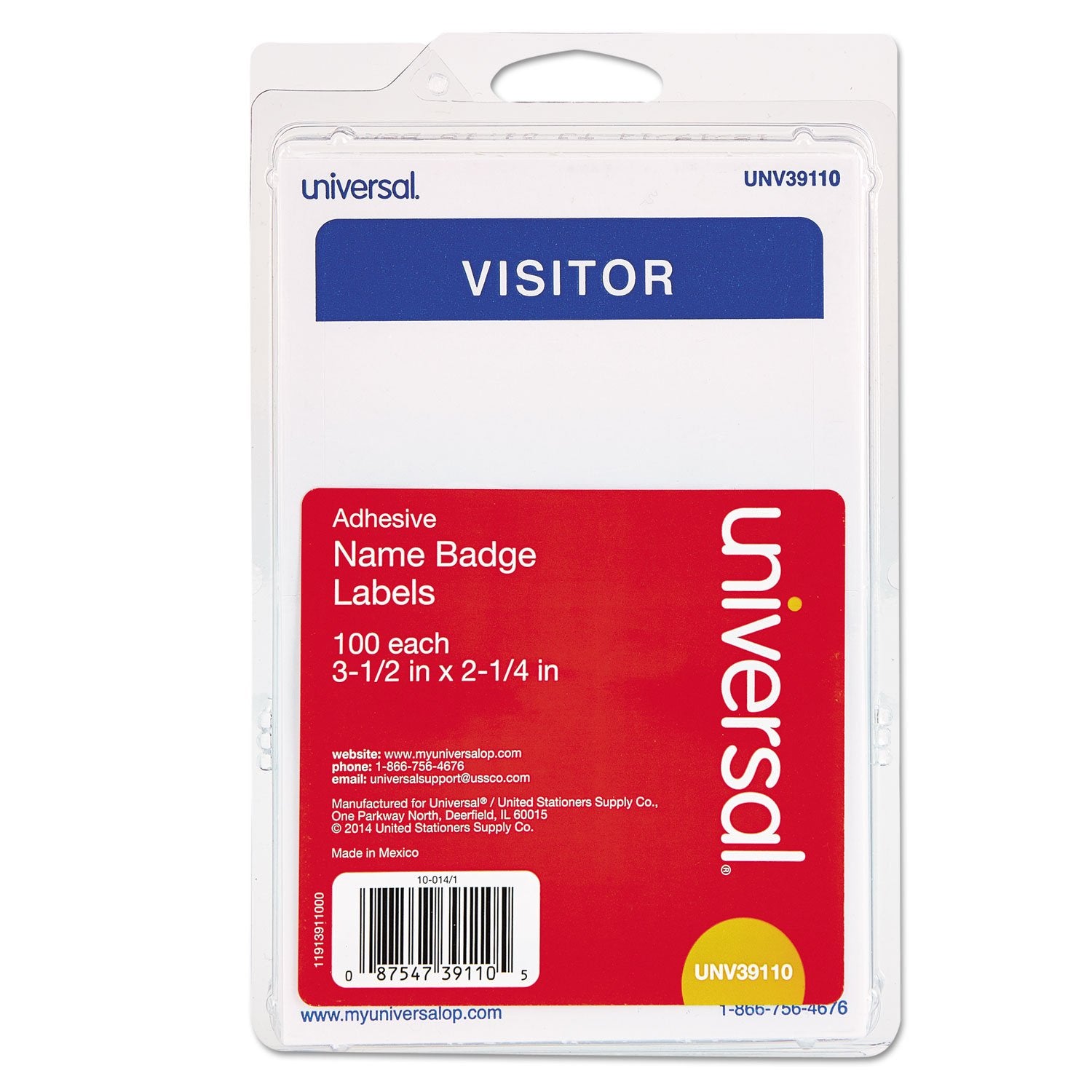 Universal 39110'Visitor' Self-Adhesive Name Badges, 3 1/2 X 2 1/4, White/Blue, 100/Pack