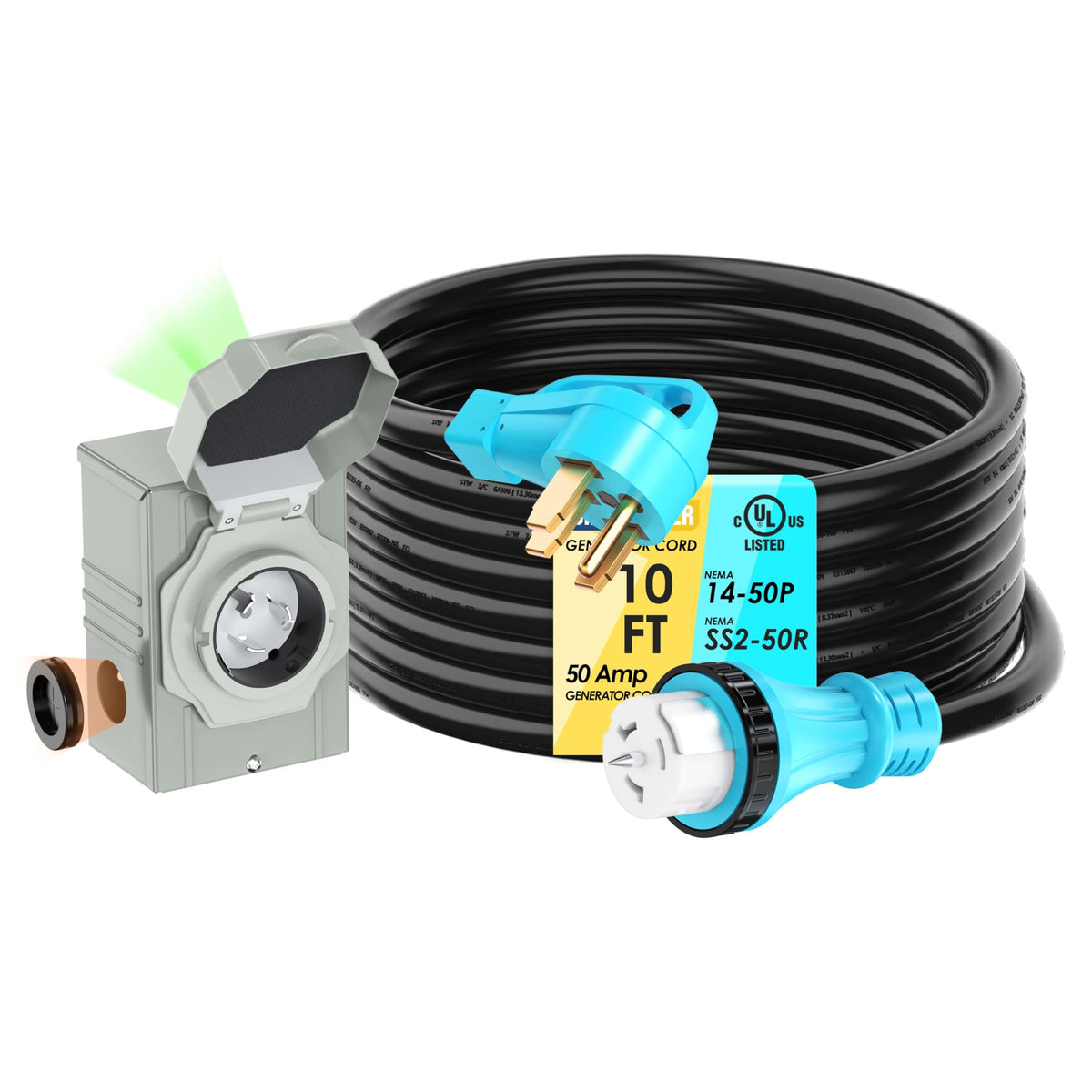 Circleriver 50 Amp 25Ft Generator Cord And Power Inlet Box Combo Kit Nema 14-50P Male To Ss2-50R Stw 6/3+8/1 Awg 125/250V Twist