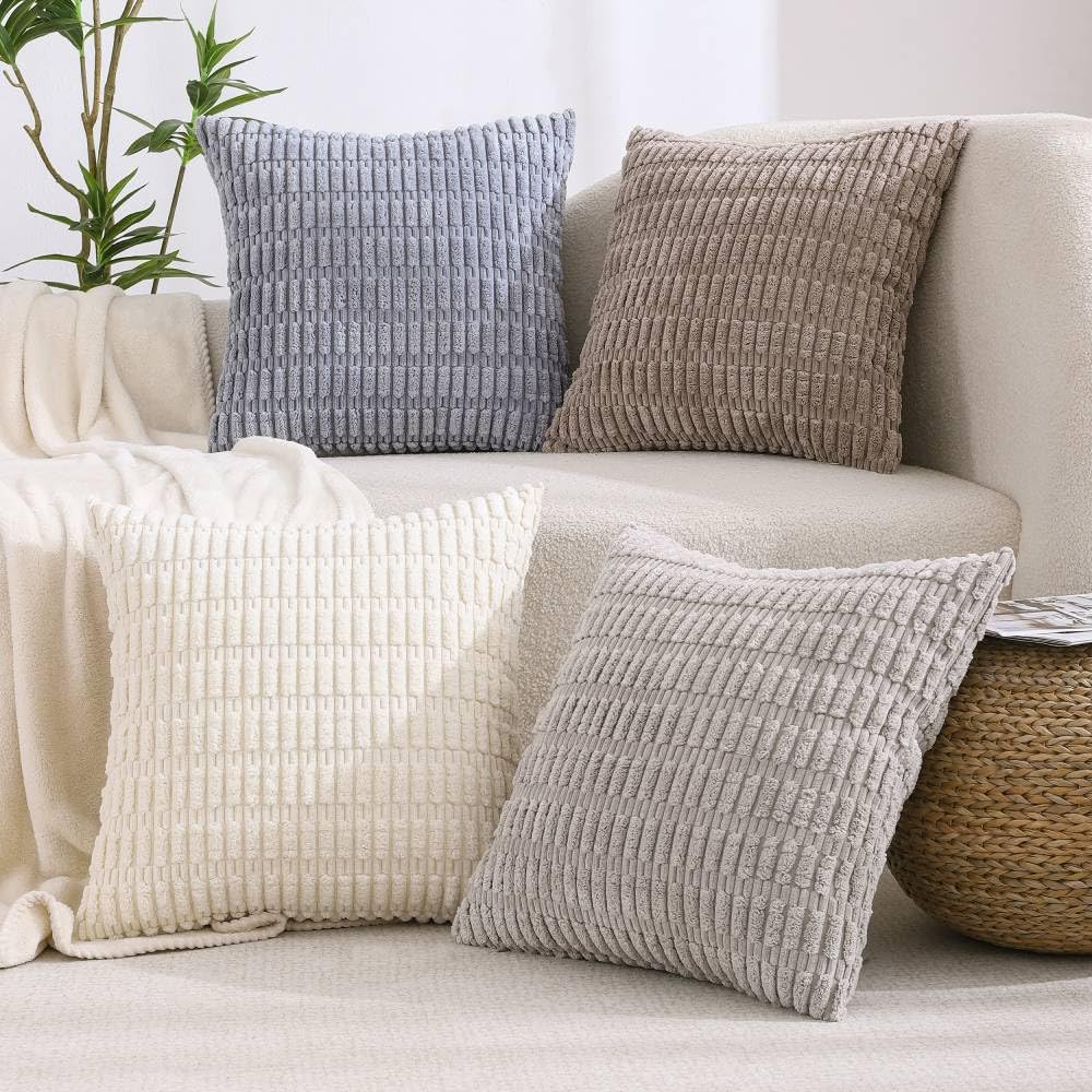 All Smiles Couch Decorative Throw Pillow Covers 18X18 Set Of 4 Neutral Winter Farmhouse Rustic Boho Home Decor Soft Plush Stripe