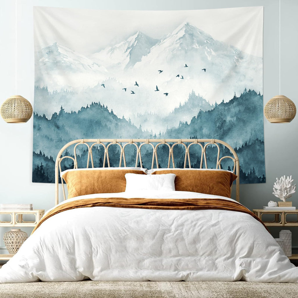 Kampdream Mountain Forest Tapestry, Misty Foggy Teal Blue Tree Landscape Watercolor Art Wall Tapestries, Nature Scenery Tapestry