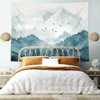 Kampdream Mountain Forest Tapestry, Misty Foggy Teal Blue Tree Landscape Watercolor Art Wall Tapestries, Nature Scenery Tapestry