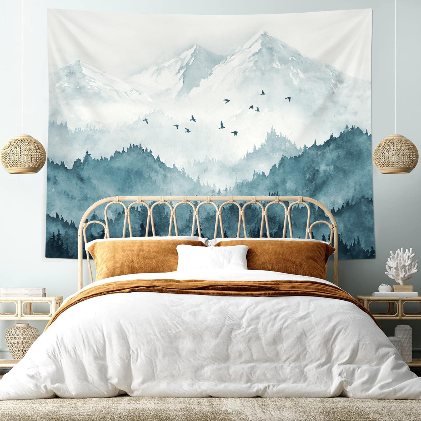 Kampdream Mountain Forest Tapestry, Misty Foggy Teal Blue Tree Landscape Watercolor Art Wall Tapestries, Nature Scenery Tapestry