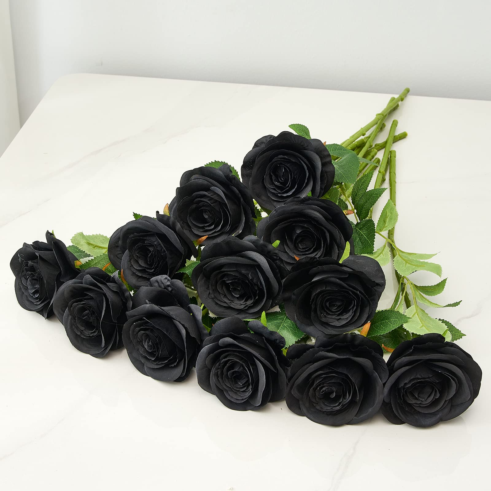 Helera 12Pc Black Roses Artificial Flowers Fake Roses Silk Realistic Roses Bouquet Flowers With Long Stems For Wedding Home Part