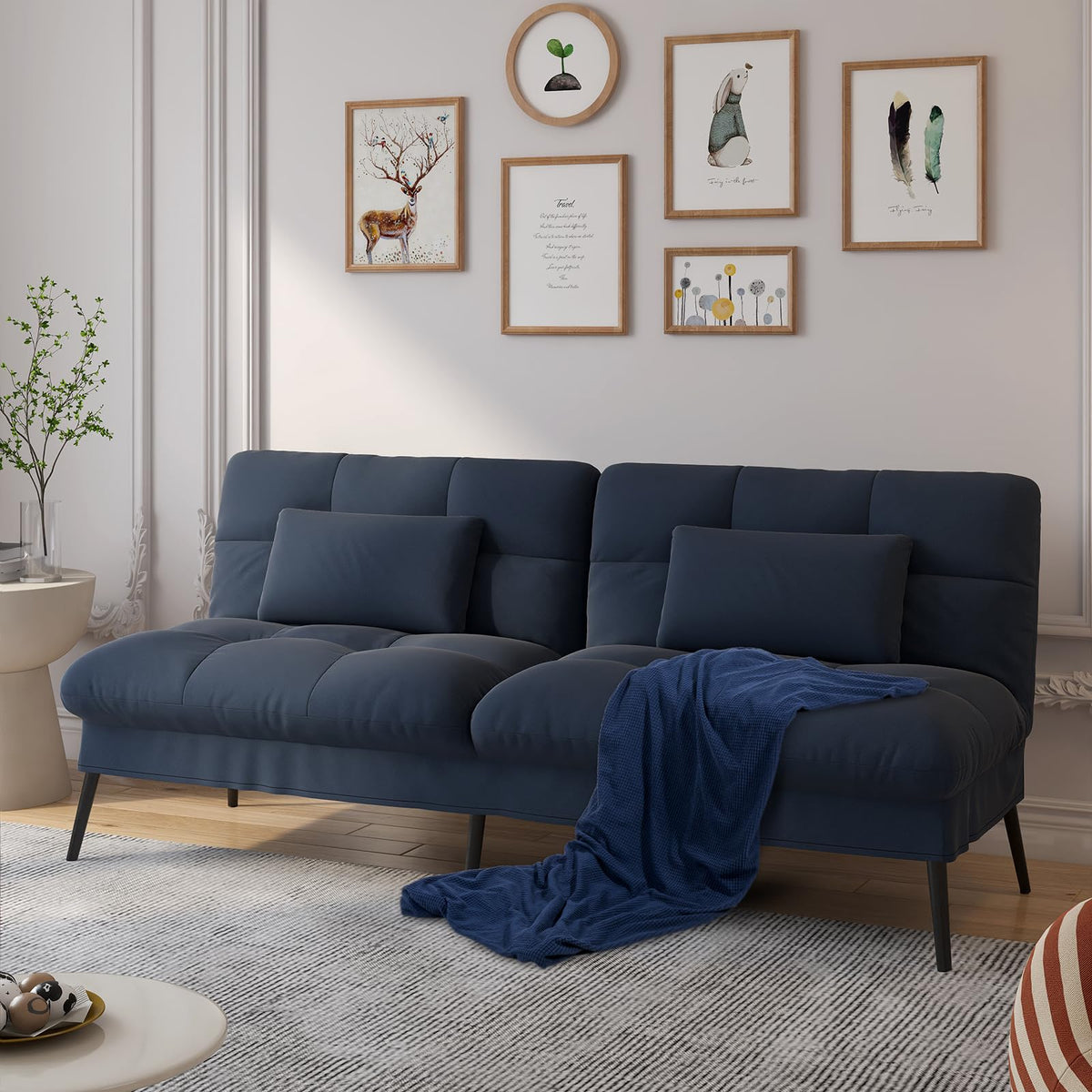 Comhoma Convertible Futon Sofa Bed, 68'Fabric Futon Couch With Adjustable Backrest, Folding Futon Sleeper Recliner For Living Room Furniture (Blue)