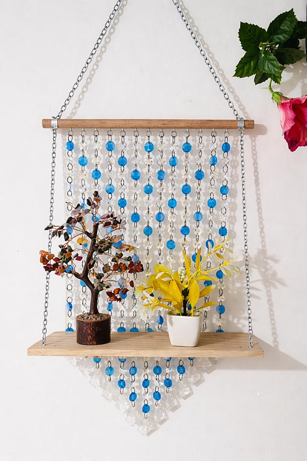 Muizz Crystal Bead Wall Hanging Shelf, Blue And Clear, Wooden Rod With Rope, Bohemian Home Decor