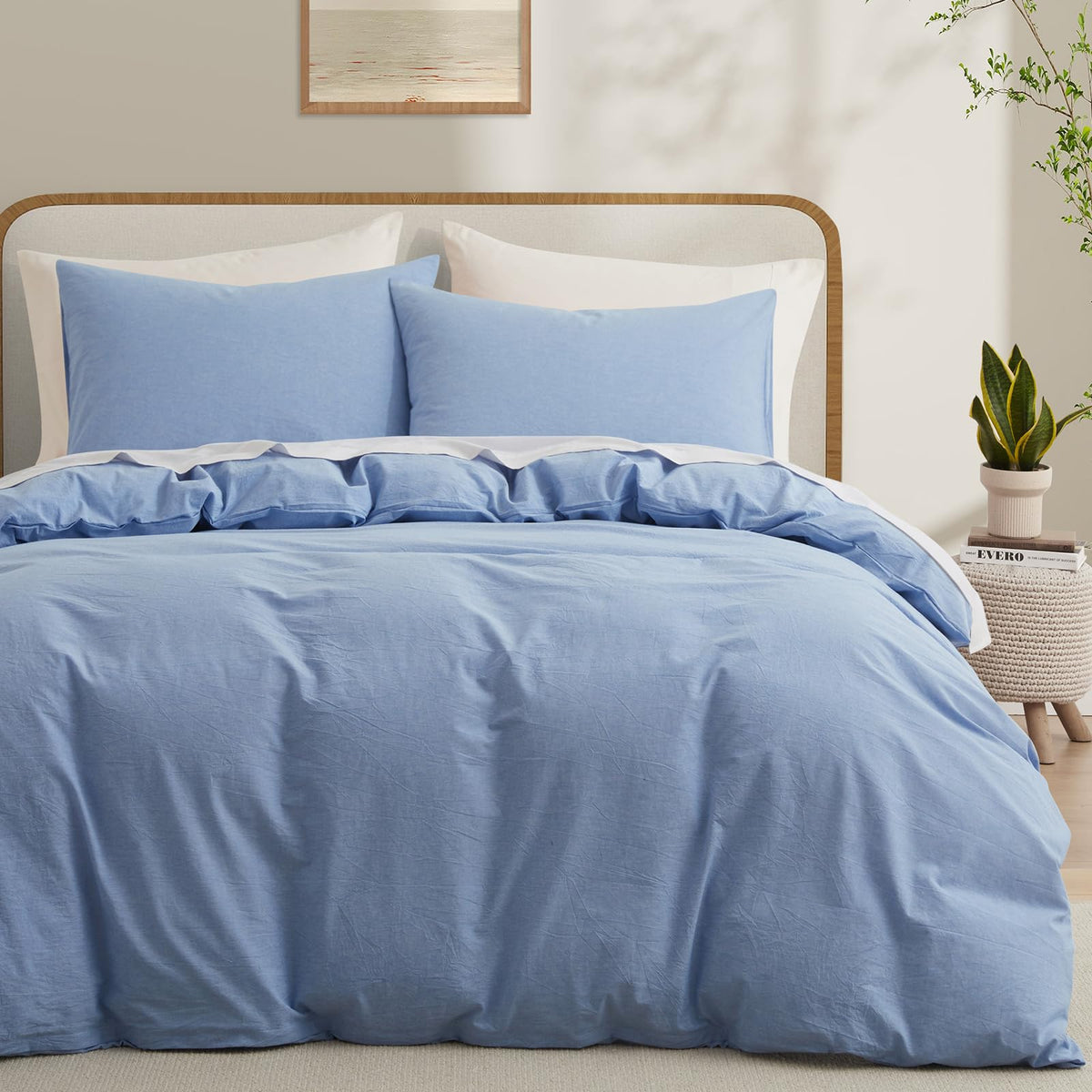 Lovque Light Blue Cotton Duvet Cover Queen Size, Linen Like Natural Bedding Set With Zipper Closure (No Comforter), 90X90 Inches
