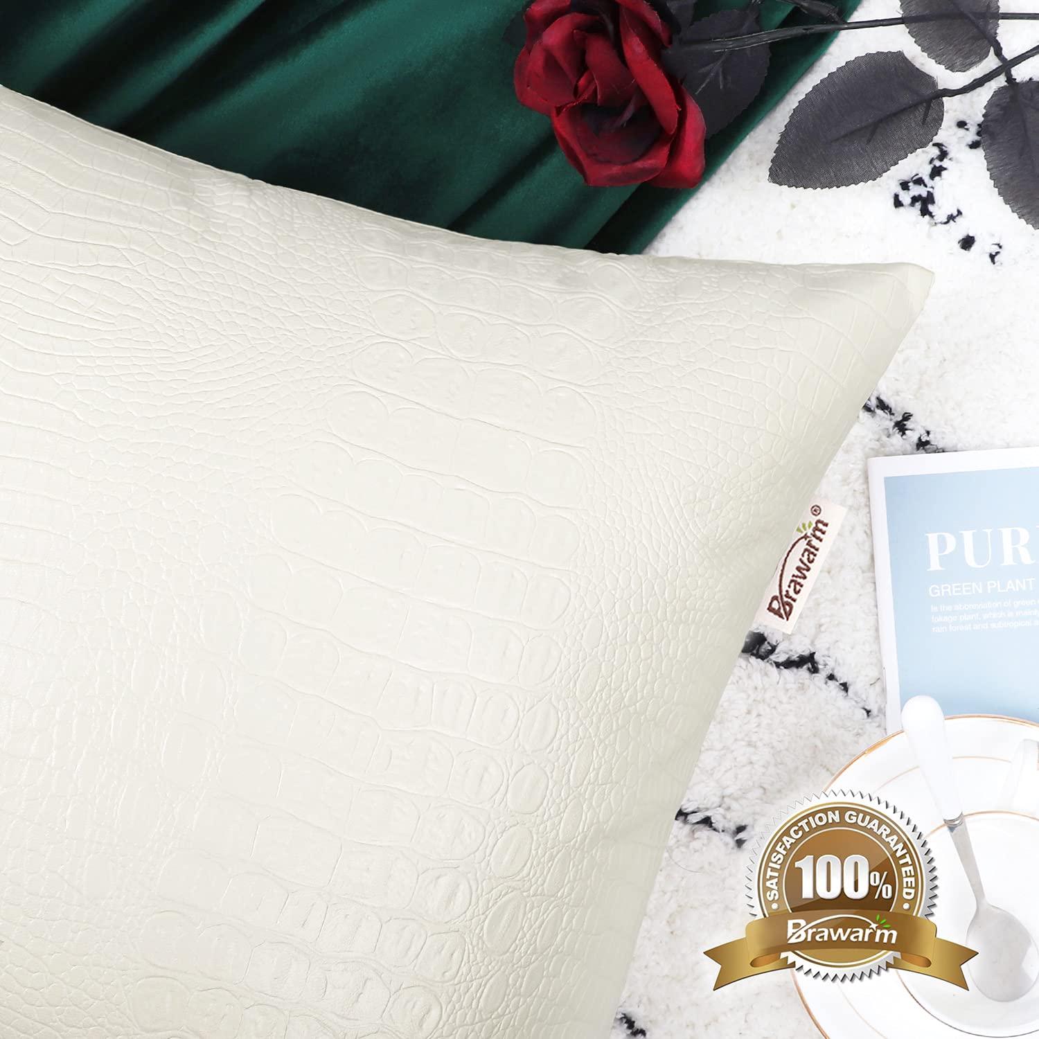Brawarm Faux Leather Pillow Covers 16 X 16 Inches, Ivory White Leather Pillow Covers Pack Of 2, Crocodile Leather Decorative Thr