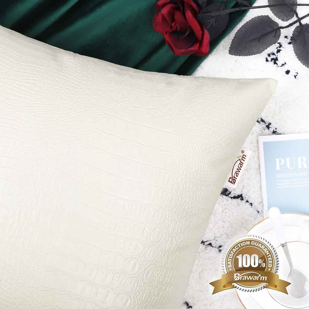 Brawarm Faux Leather Pillow Covers 18 X 18 Inches, Ivory White Leather Pillow Covers Pack Of 2, Crocodile Leather Decorative Thr