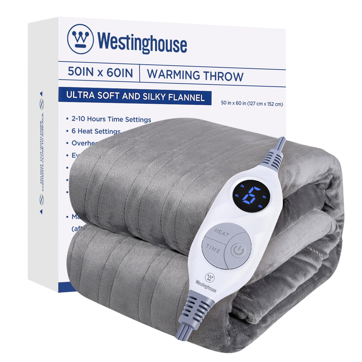 Westinghouse Electric Blanket Heated Throw, Super Cozy Soft Flannel 50inch X 60inch Heated Throw With 6 Fast Heating Levels & 210 Aut