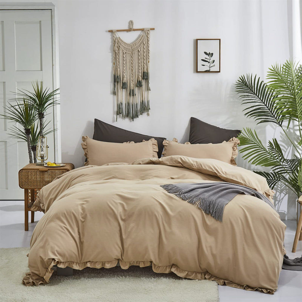 Clothknow Beige Ruffles Queen Comforter Set 3Pcs Champagne Bedding Comforter Sets Tan Queen Comforter Farmhouse Khaki Comforter