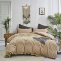 Clothknow Beige Ruffles Queen Comforter Set 3Pcs Champagne Bedding Comforter Sets Tan Queen Comforter Farmhouse Khaki Comforter