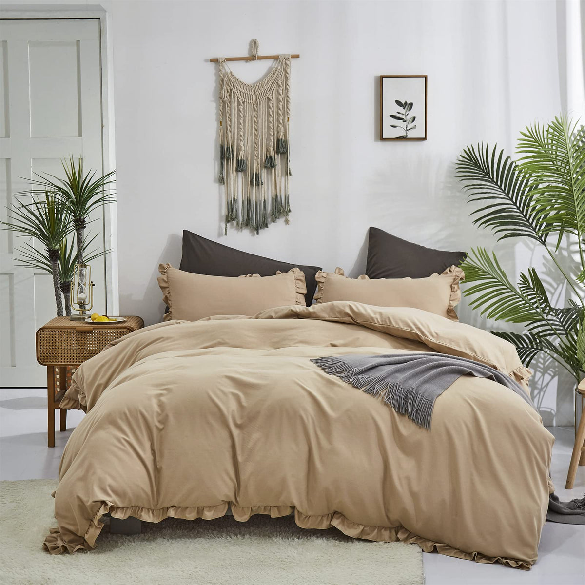 Clothknow Beige Ruffles Queen Comforter Set 3Pcs Champagne Bedding Comforter Sets Tan Queen Comforter Farmhouse Khaki Comforter