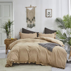 Clothknow Beige Ruffles Queen Comforter Set 3Pcs Champagne Bedding Comforter Sets Tan Queen Comforter Farmhouse Khaki Comforter