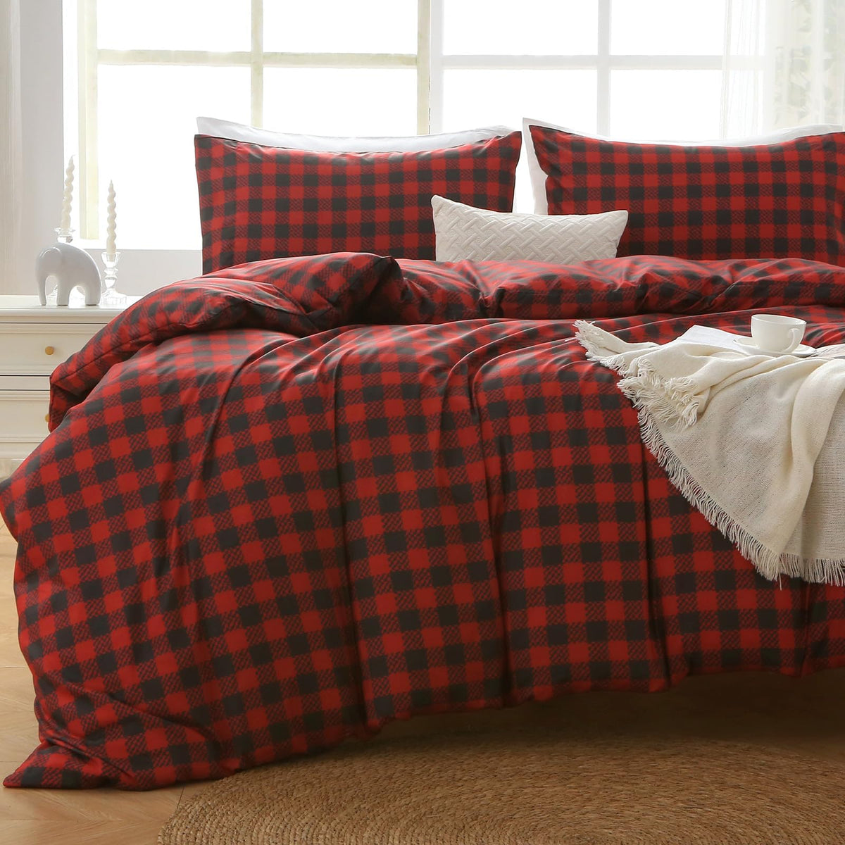 Muxhomo Duvet Cover Queen Size Floral Duvet Cover Set With Zipper Closure, Red Plaid Bedding Set, 3 Pieces, 1 Duvet Cover 90''X9
