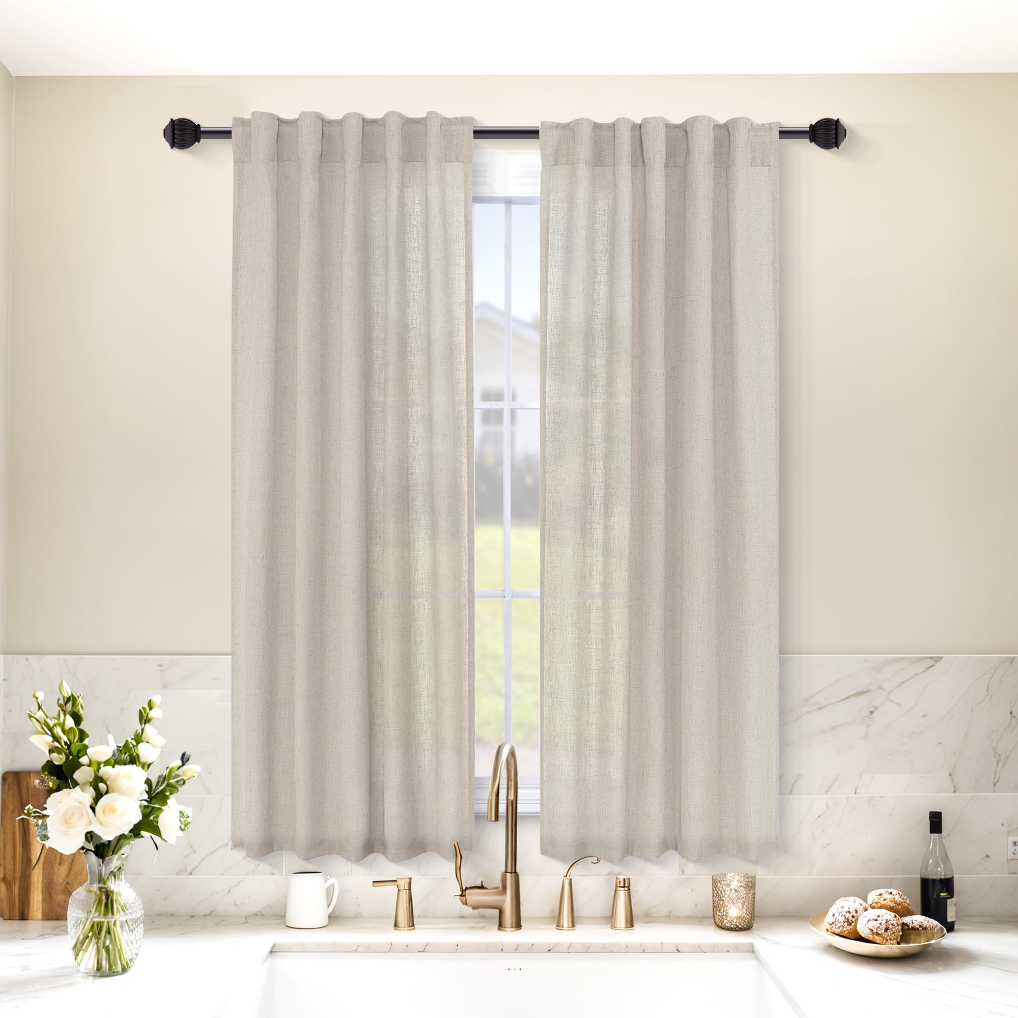 Mrs.Naturall Tan Beige Short Curtains For Bedroom Small Windows,Sheer Linen Privacy Curtain 54 Inch Long For Living Room Bathroom Window